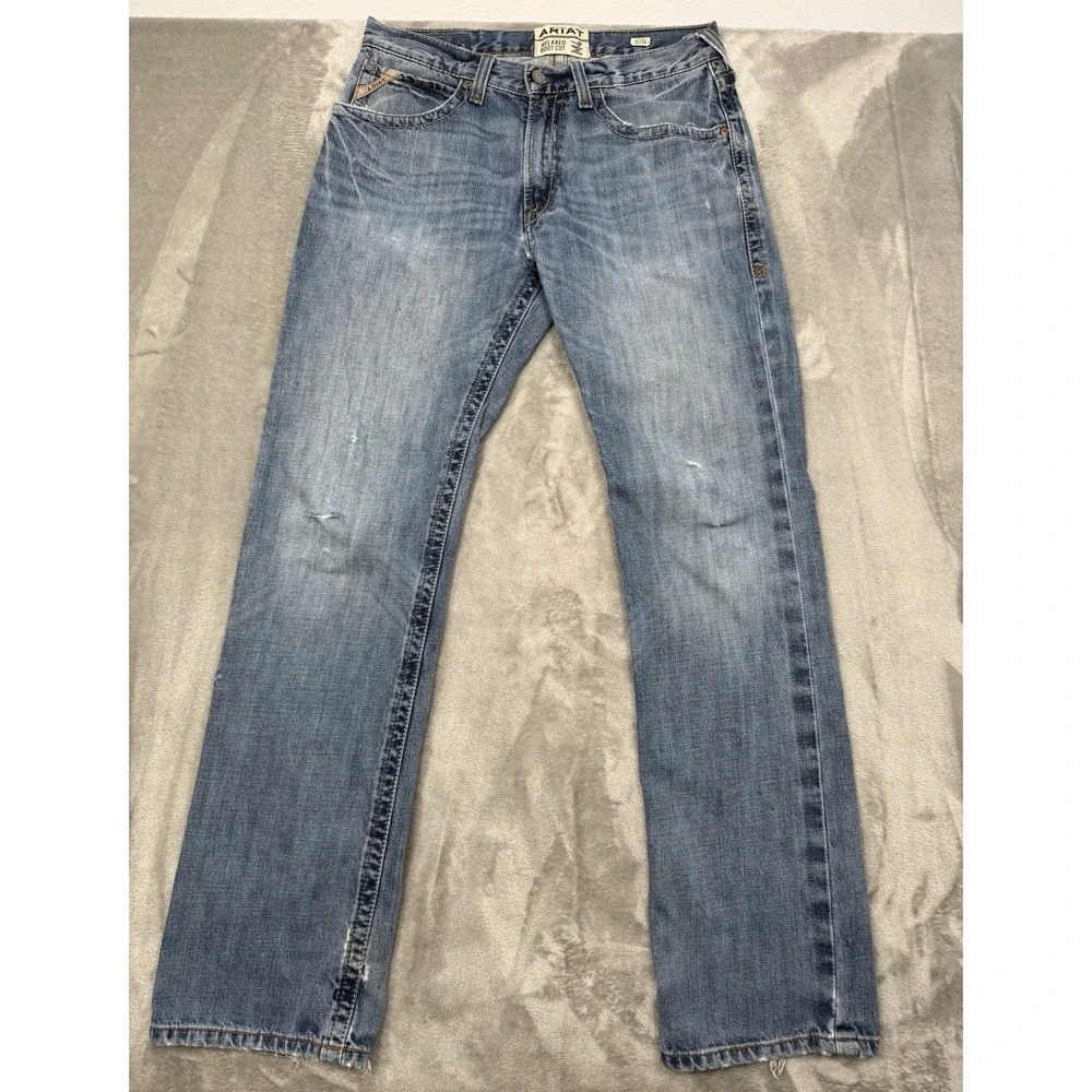 Ariat M4 Jeans Mens 31x34 Blue Denim Bootcut Stretch Distressed Western Cowboy